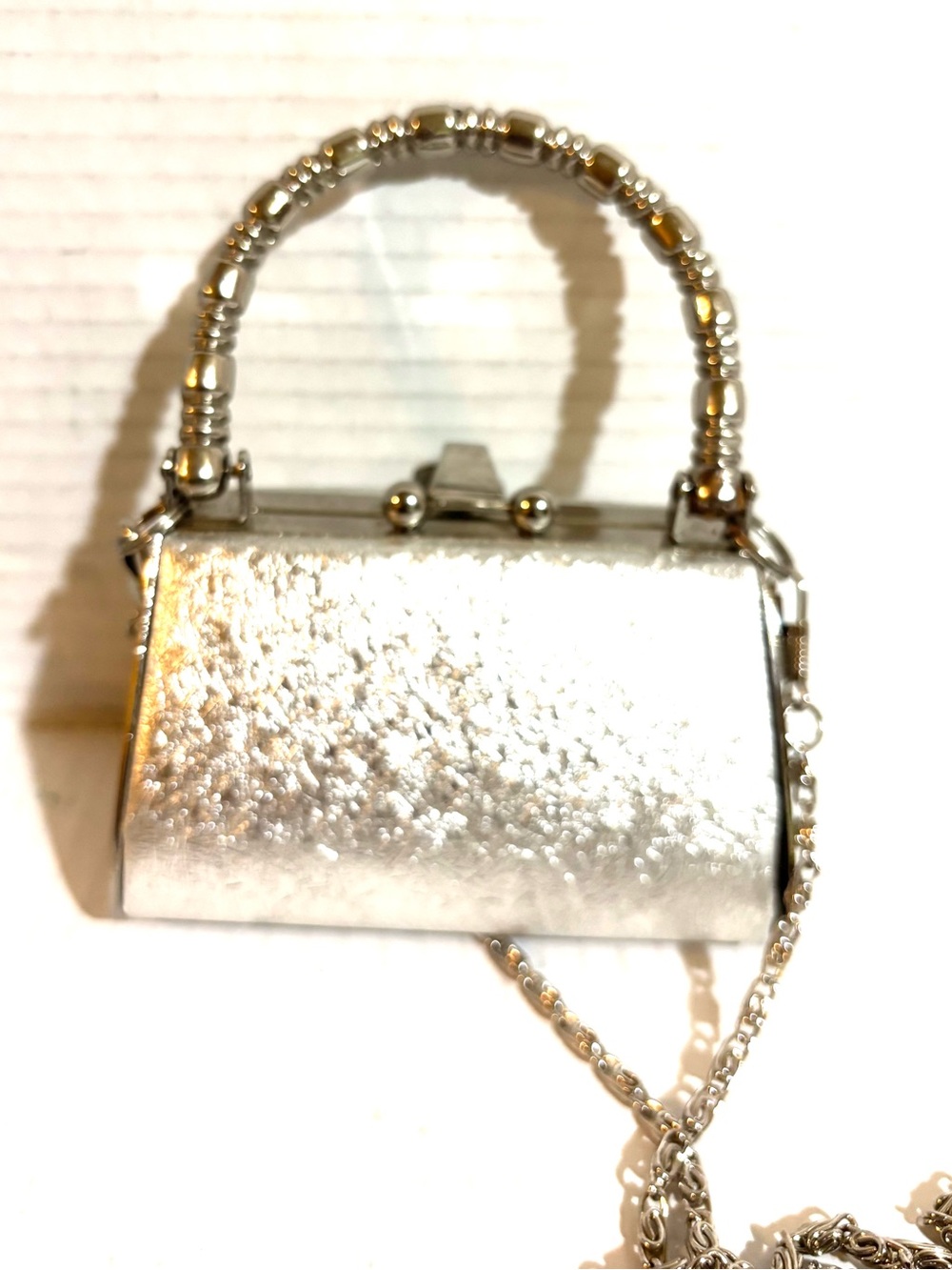 Silver Metallic Top-Handle Evening Bag with Chain - Picture 5 of 6